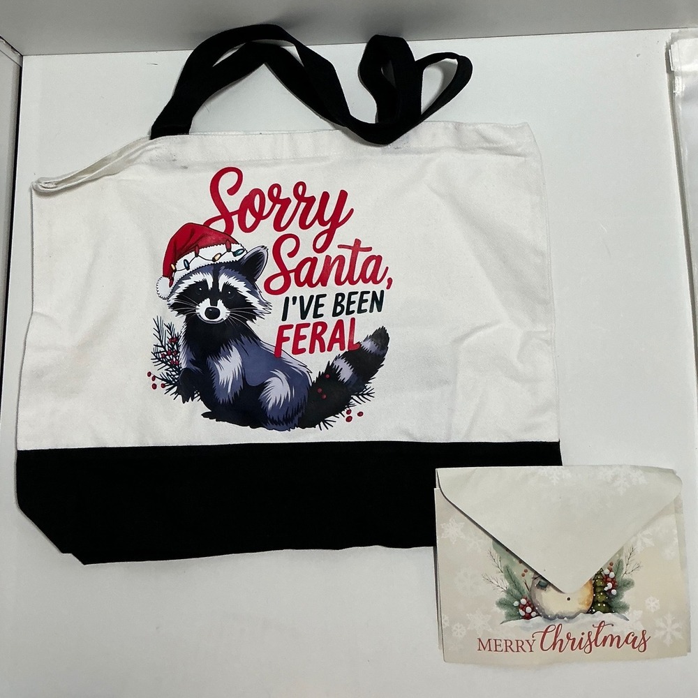 Sorry Santa I've Been Feral Raccoon Canvas Tote Bag Black White Christmas Funny